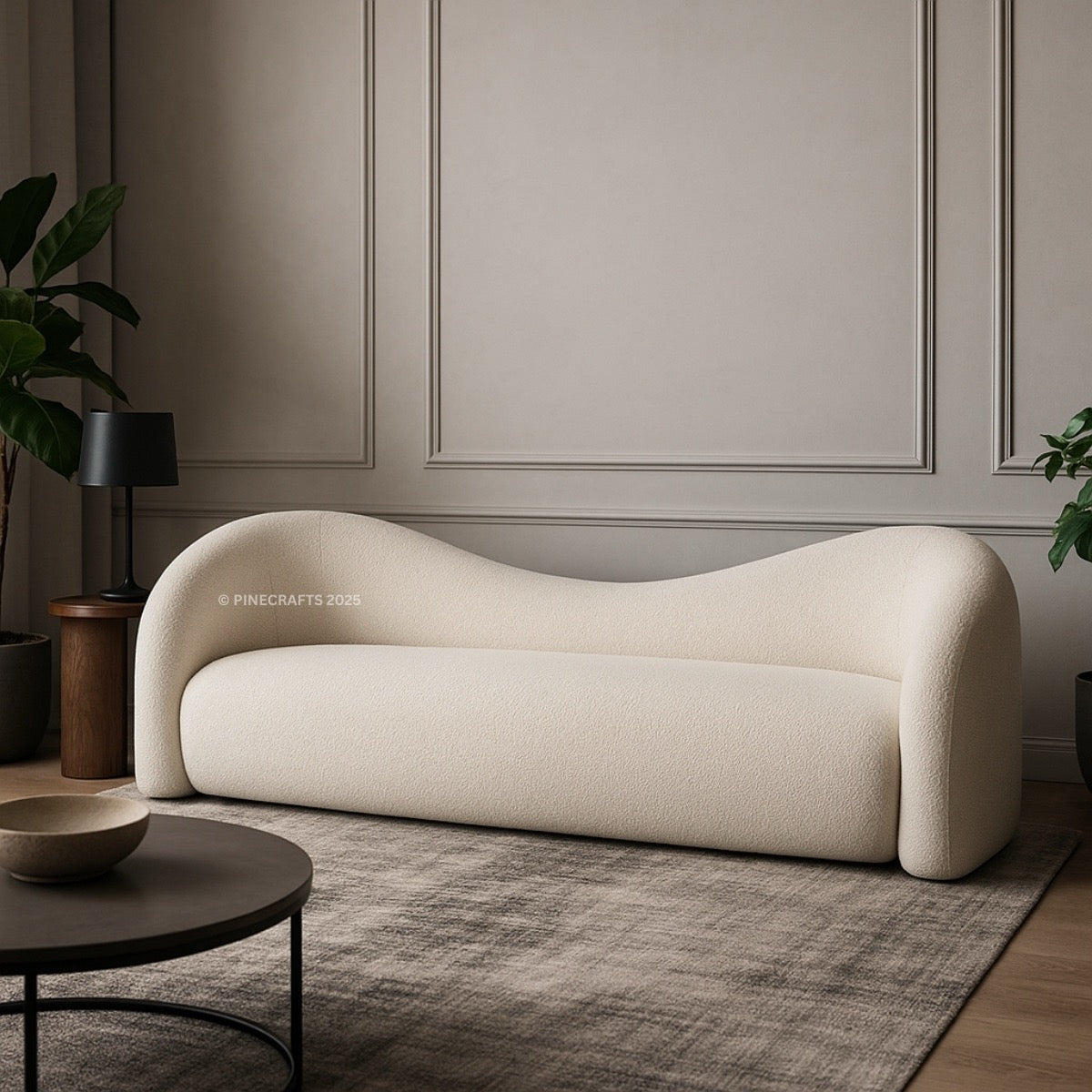 Modern white sofa in a stylish living room with a neutral color palette.